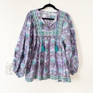 Karni Boho Purple and Teal Block Print Tassel Blouse Tunic Balloon Sleeves S